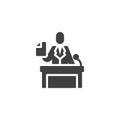 Legal defence, lawyer on podium vector icon