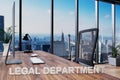 Legal department; office chair in front of modern workspace with computer and skyline view; lawyer concept; 3D Illustration