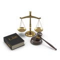 Legal Gavel Scales And Law Book on white. 3D illustration