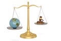 Legal hammer and globe on libra over white background. 3D illustration Royalty Free Stock Photo