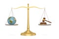 Legal hammer and globe on libra over white background. 3D illustration Royalty Free Stock Photo