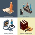 Legal isometric concept. Lawyer judge richter accused justice books hammer and other symbols 3d vector illustrations