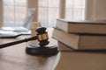 judge gavel & law book at courtroom. lawyer attorney justice workplace Royalty Free Stock Photo