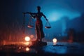 Legal law concept. Silhouette of The Statue of Justice on with lights at foggy background