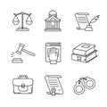 Legal, law and court thin line art icons set Royalty Free Stock Photo