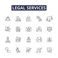 Legal services line vector icons and signs. Attorney, Paralegal, Advocate, Judicial, Counsel, Court, Advocacy,Justice
