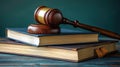 Legal tech concept. Books, gavel represent legal documents. Modern legal tech solution. Risk assessment, clause. Automation, Royalty Free Stock Photo
