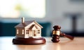 Legal Verdict Judge\'s Gavel Beside Miniature House in Real Estate Litigation - Generative AI