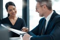 Legal, woman and lawyer in a meeting for a contract agreement for accountability in an office. Attorney, consulting and Royalty Free Stock Photo