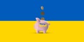 Legalization of cryptocurrencies in Ukraine, Bitcoin and Ukraine flag. Bitcoin in Ukraine Piggy Bank and Falling Bitcoin Coins Royalty Free Stock Photo