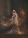 The legend of the Banshee fairy. Pale girl blonde, like a ghost, in a white vintage dress, flies, hovers in space