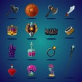 Legendary asset. Set of magic items and resource for computer fantasy game. cartoon icons set. Royalty Free Stock Photo