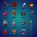 Legendary asset. Set of magic items and resource for computer fantasy game. Isolated cartoon icons set. Royalty Free Stock Photo