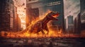Dino Rampage: Sony A9 Captures Epic Fiery Skyscraper Destructio Royalty Free Stock Photo