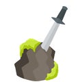 Legendary Excalibur. Knight and king Arthur test element. Medieval weapons and rock. Cartoon flat illustration