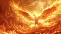 Legendary phoenix firebird ignites fiery background with sparks and flames in mythical display