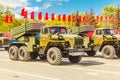 the legendary self-propelled multiple rocket launcher bm-21 rides at the rehearsal of the Victory Parade in Kuybyshev Square