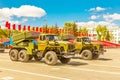 the legendary self-propelled multiple rocket launcher bm-21 rides at the rehearsal of the Victory Parade in Kuybyshev Square