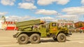 the legendary self-propelled multiple rocket launcher bm-21 rides at the rehearsal of the Victory Parade in Kuybyshev Square Royalty Free Stock Photo