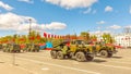 the legendary self-propelled multiple rocket launcher bm-21 rides at the rehearsal of the Victory Parade in Kuybyshev Square