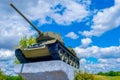 The legendary Soviet tank T-34-85 from World War II on a pedestal. Soviet combat vehicle of the Great Patriotic War