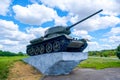 The legendary Soviet tank T-34-85 from World War II on a pedestal. Soviet combat vehicle of the Great Patriotic War