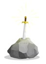 Legendary sword Excalibur sticks out of stone. Test of King Arthur, search for worthy ruler of kingdom. Cartoon vector isolated on