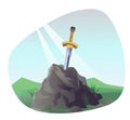 Legendary sword in stone. Excalibur with sun ray