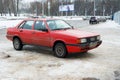 Legendary vintage Audi 80 parked in winter street of Smolensk.