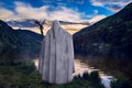 A legendary wise wizard wearing long white cloak and holding his magic staff looks across a mystical lake at sunset. 3D render and