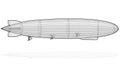 Legendary zeppelin airship. Stylized flying balloon. Dirigible with rudder and propellers.