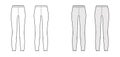 Leggins technical fashion illustration with elastic waistband. Flat sport training slim pants, casual knit trousers