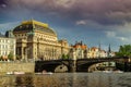 Legion Bridge over Vltava river in Prague with the National Teather in the back