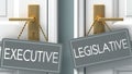 Legislative or executive as a choice in life - pictured as words executive, legislative on doors to show that executive and