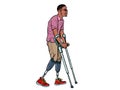 Legless african veteran with a bionic prosthesis with crutches. a disabled man learns to walk after an injury