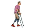 Legless veteran with a bionic prosthesis with crutches. a disabled man learns to walk after an injury. rehabilitation