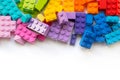 Lego. A lot of Colorful Plastick constructor blocks on white background. Popular toys. Copyspace