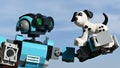 LEGO Creator mining robot carrying LEGO Duplo dalmatian dog on his left arm.
