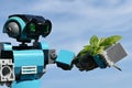 LEGO Creator mining robot model holding fresh basil plant in his left arm