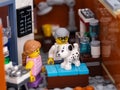 A Lego Dalmatian dog standing on an inspection table at a veterinary clinic with its owner standing nearby