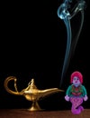 Lego female genie miniature floating next to a magic lamp