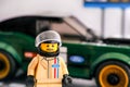 Lego 1968 Ford Mustang Fastback driver minifigure by LEGO Speed Champions against his car