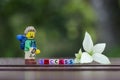 Lego hiker standing behind word success using colorful alphabet beads.