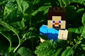 LEGO Minecraft action figure of Steve peeping out of Lemon Balm and Spearmint herb leaves, smiling and waving with left hand.