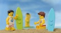Lego minifigure surfer on sand beach with surf board