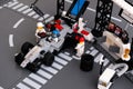 Lego MP4-29 race car in McLaren Mercedes Pit Stop Royalty Free Stock Photo