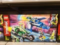 LEGO Ninjago Kaya game constructor for Zein motorcycle and snowmobile in a store on a shelf in the department of children`s toys