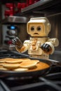 A lego robot making pancakes in a kitchen. Generative AI image.