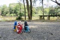 Lego starwars trooper riding bicycle on patrol at park.