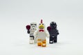 lego storm troopers chasing lego chicken suit guy.